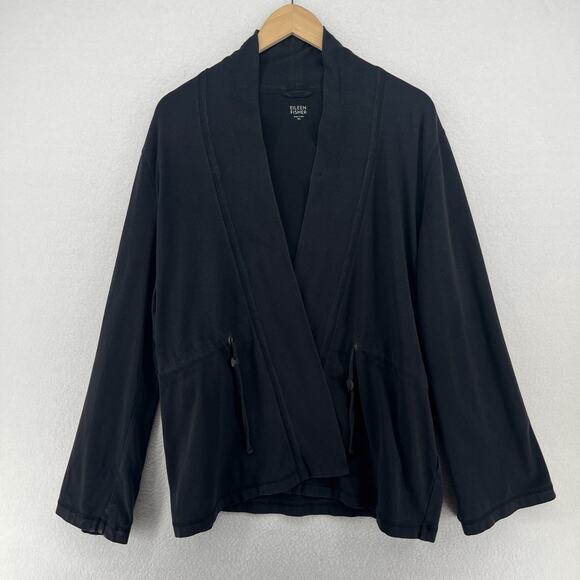 Eileen Fisher Sweaters - EILEEN FISHER Cardigan XL Stretch Organic Cotton Open Front Washed Black USA